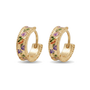 Folksy Floral Gold Huggie Earrings on a pure white background