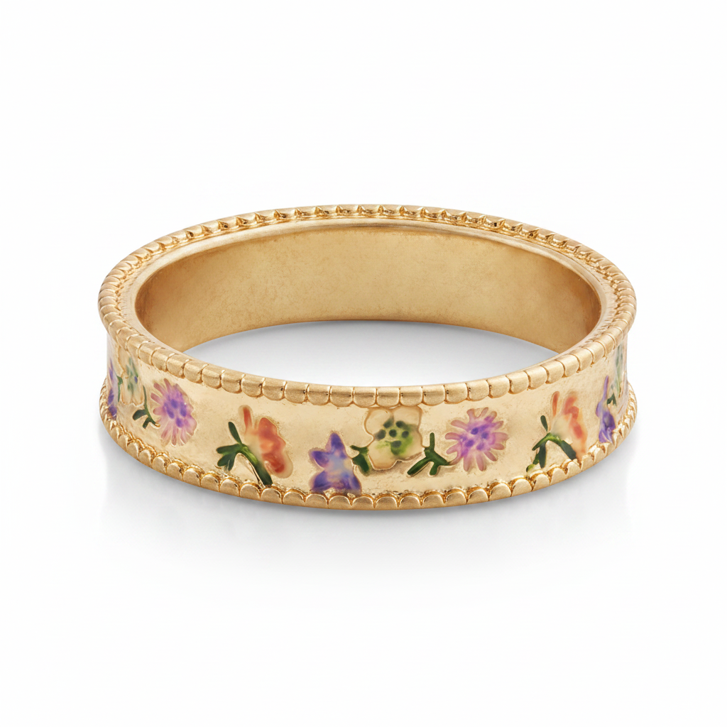 Close-up detail of the Folksy Floral Gold Ring on white