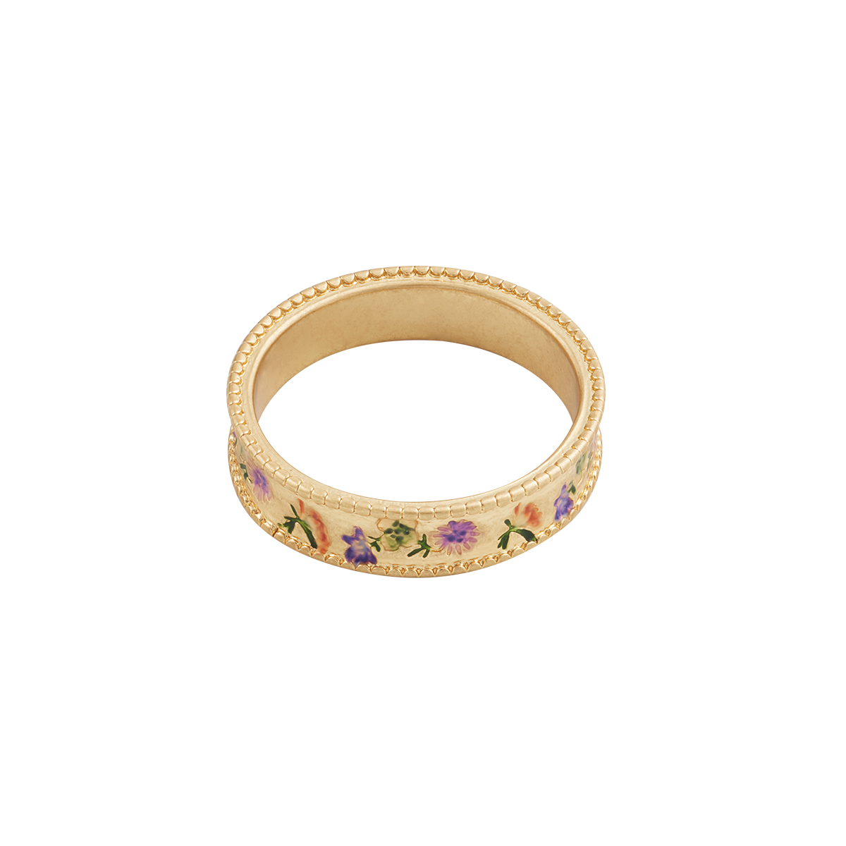 Top-down view of the Folksy Floral Gold Ring on white