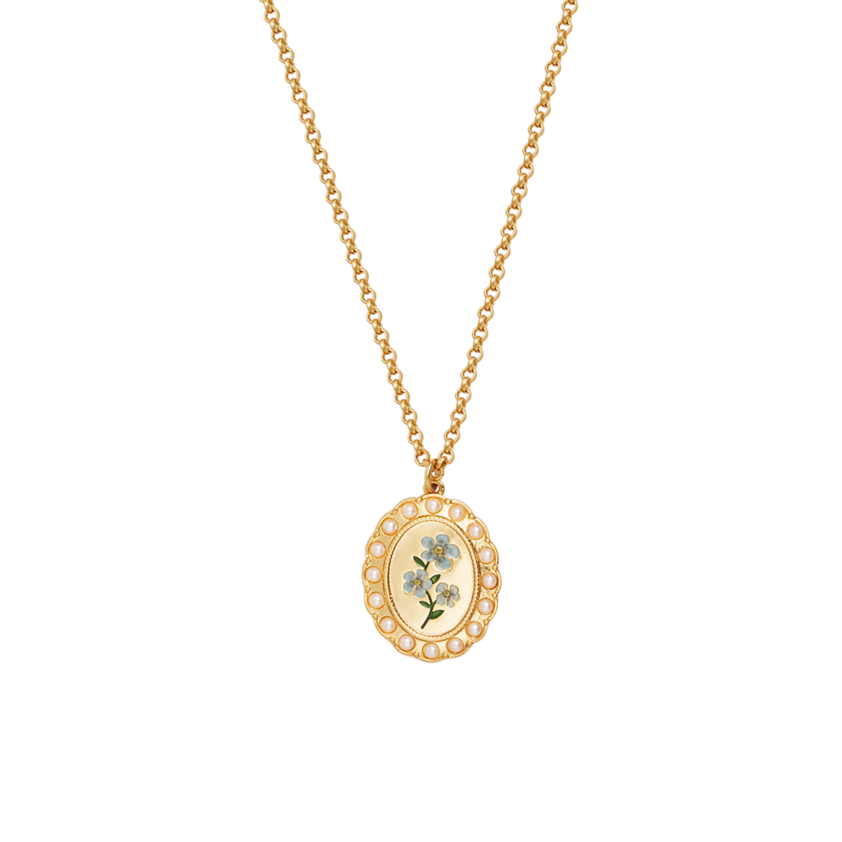 Full length view of the Forget Me Not Cameo Necklace on white