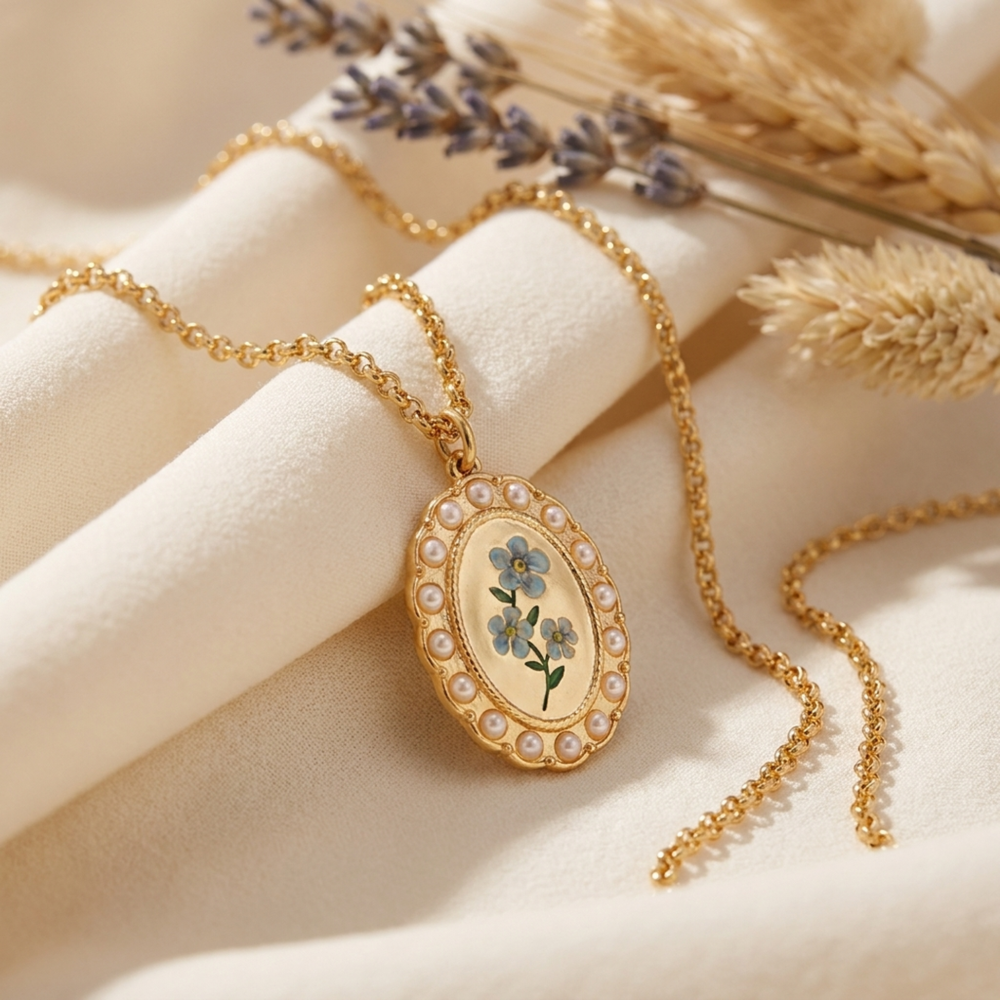 Forget Me Not Cameo Necklace draped on soft cream fabric with dried flowers