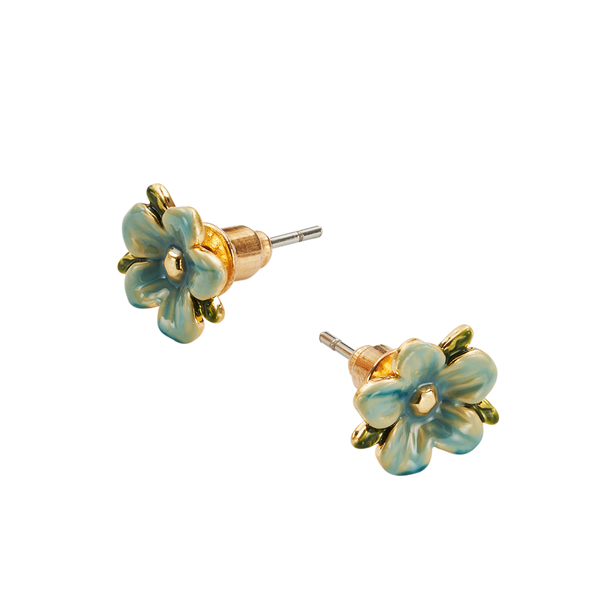 Close-up detail of the Forget Me Not Stud Earrings on white