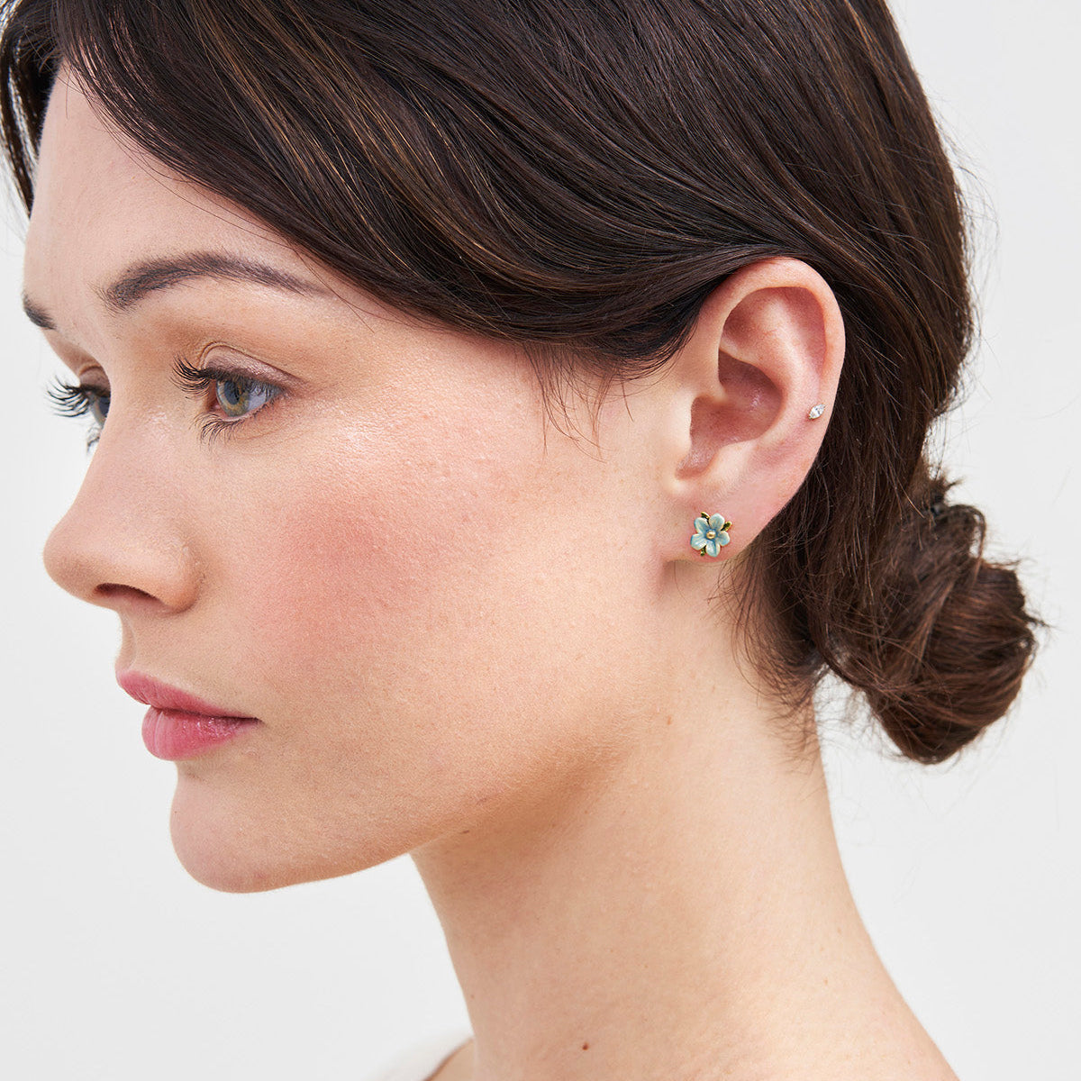 Model wearing the Forget Me Not Stud Earrings