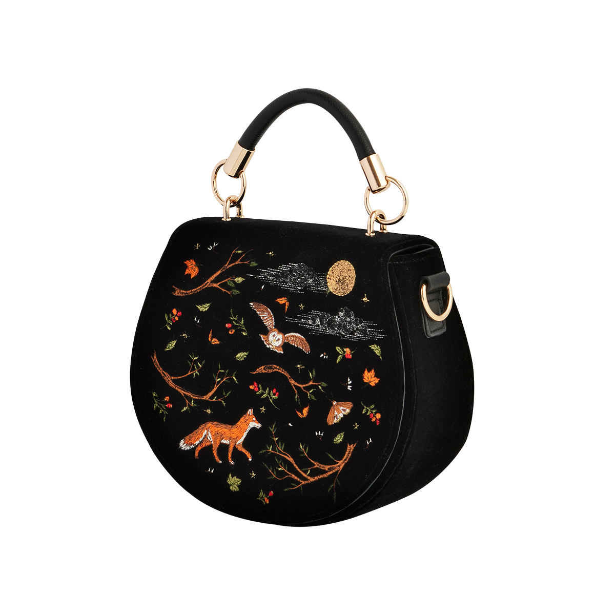 Fox & Owl Embroidered Black Saddle Bag shown at an angle on white