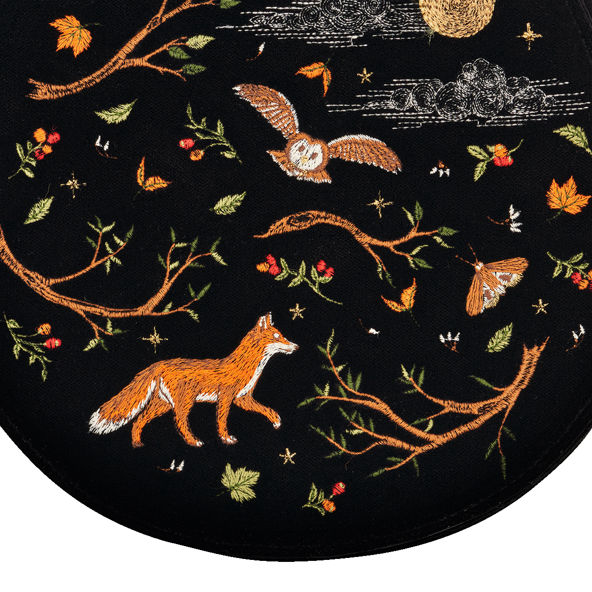 Close-up detail of the Fox & Owl Embroidered Black Saddle Bag on white