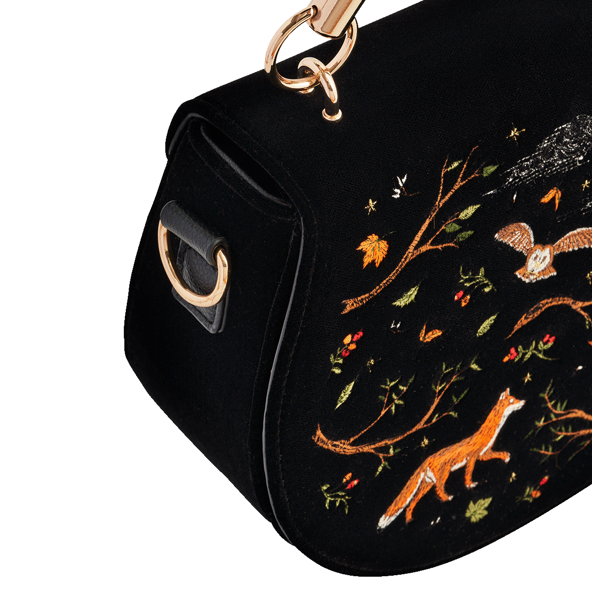 Close detail of the Fox & Owl Embroidered Black Saddle Bag charm on white