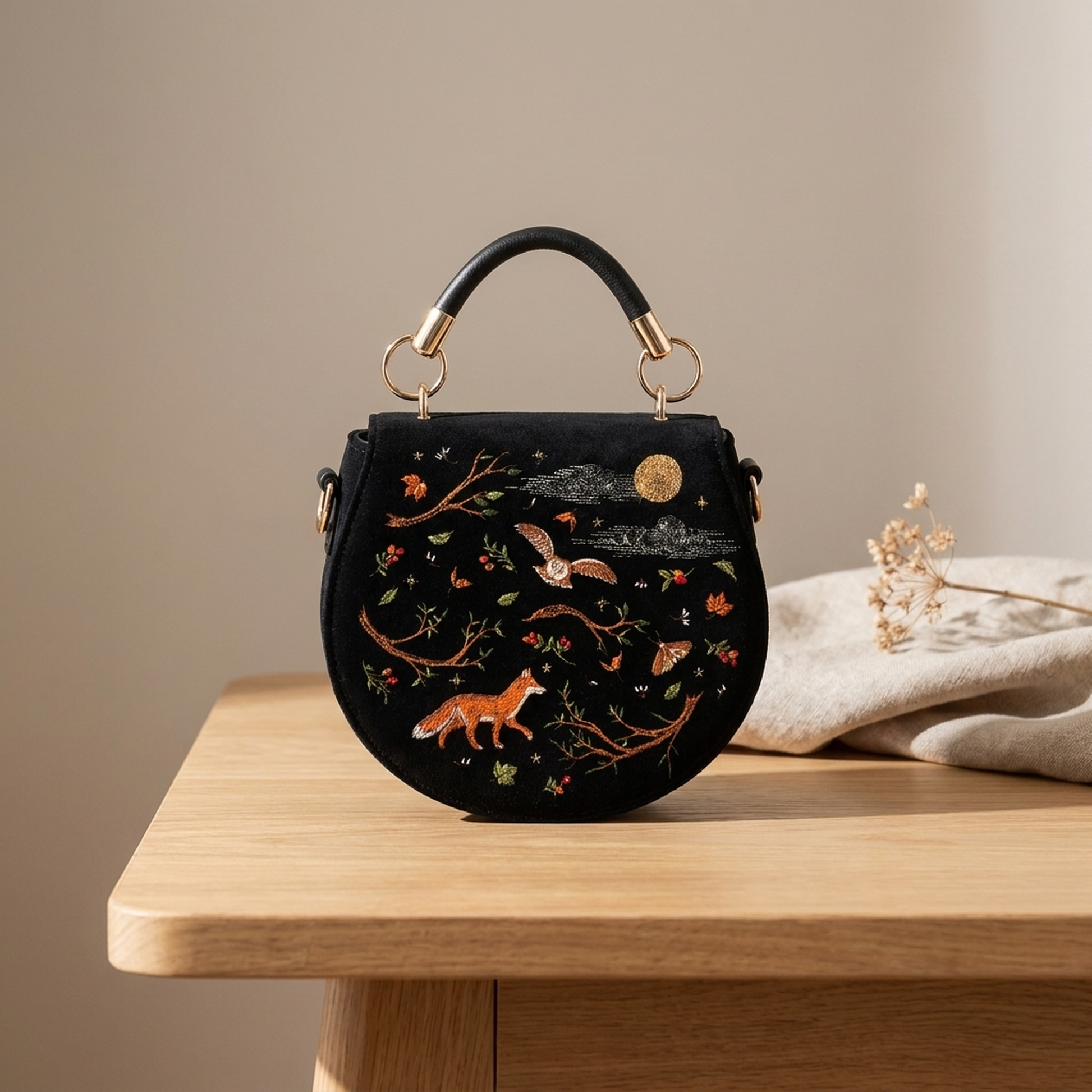 Fox & Owl Embroidered Black Saddle Bag styled on a warm wooden tabletop