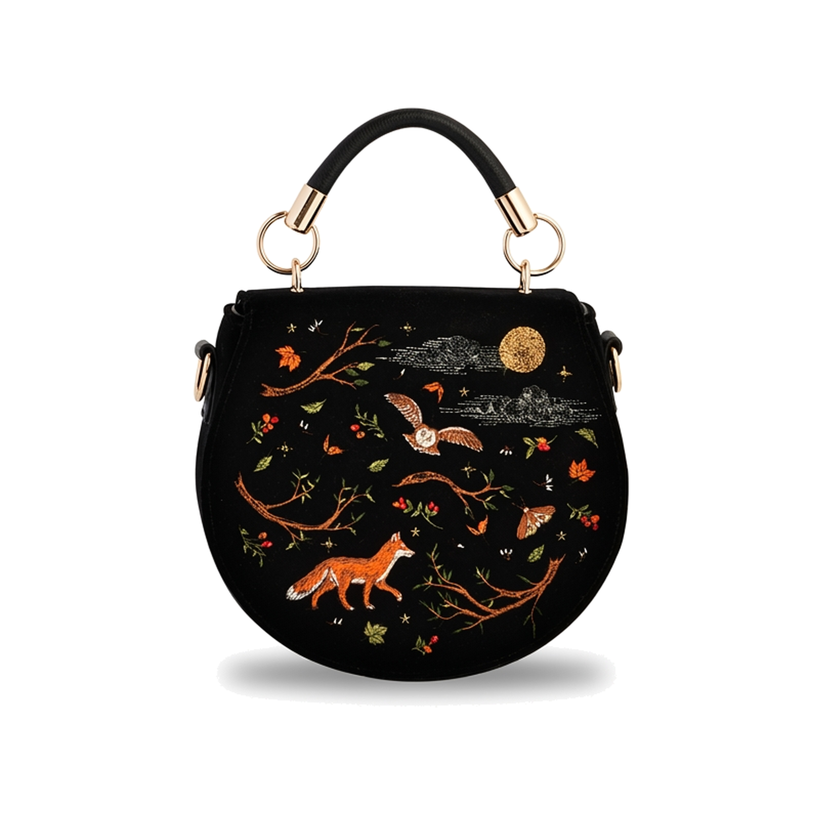 Fox & Owl Embroidered Black Saddle Bag on a pure white background