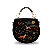 Fox & Owl Embroidered Black Saddle Bag on a pure white background