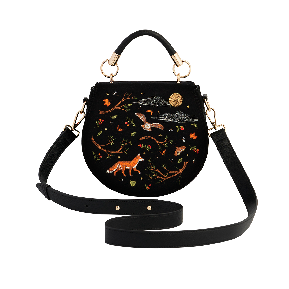 Fox & Owl Embroidered Black Saddle Bag shown with its adjustable crossbody strap