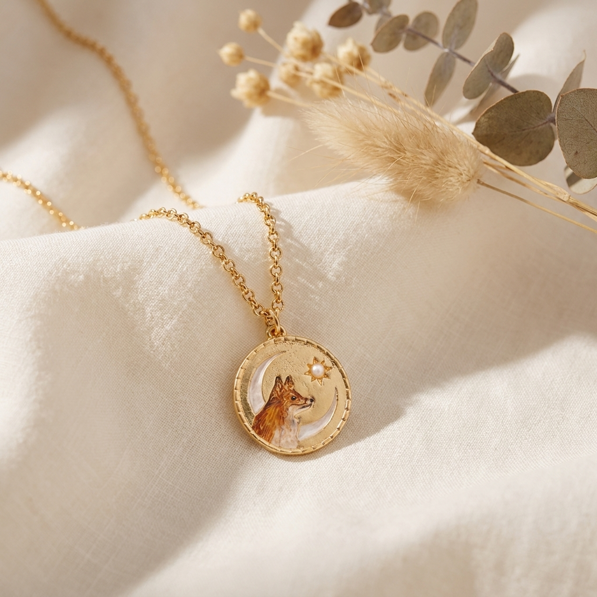 Fox Shadow Guide Necklace draped on soft cream fabric with dried flowers
