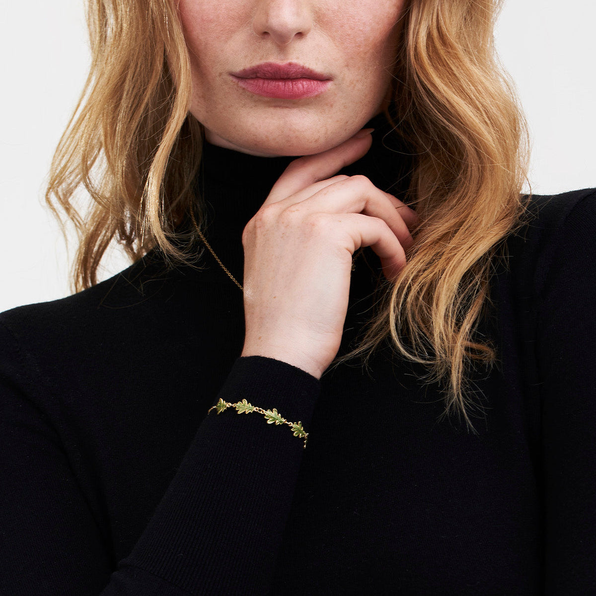 Model wearing the Oak Leaf Gold Bracelet
