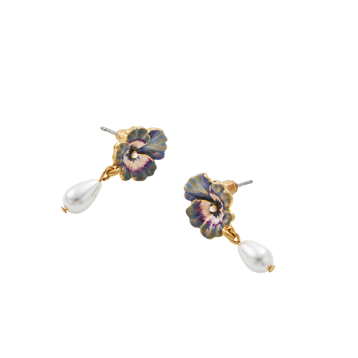 Pansy Pearl Drop Earrings shown at an angle on white
