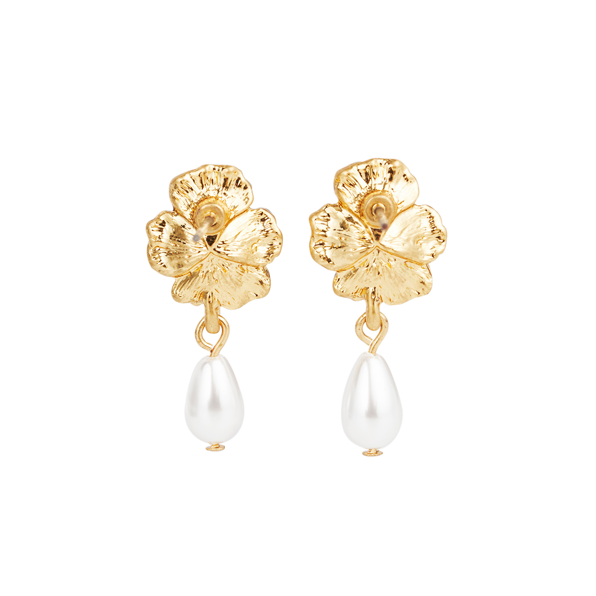 Back view of the Pansy Pearl Drop Earrings on white