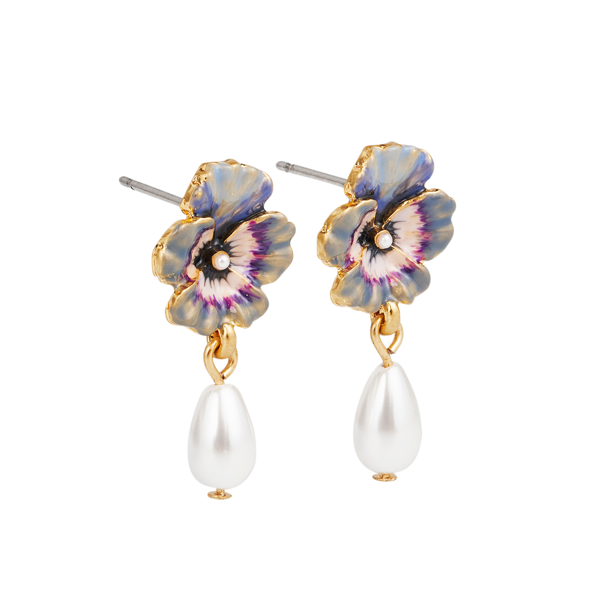 Pansy Pearl Drop Earrings shown together on a white background