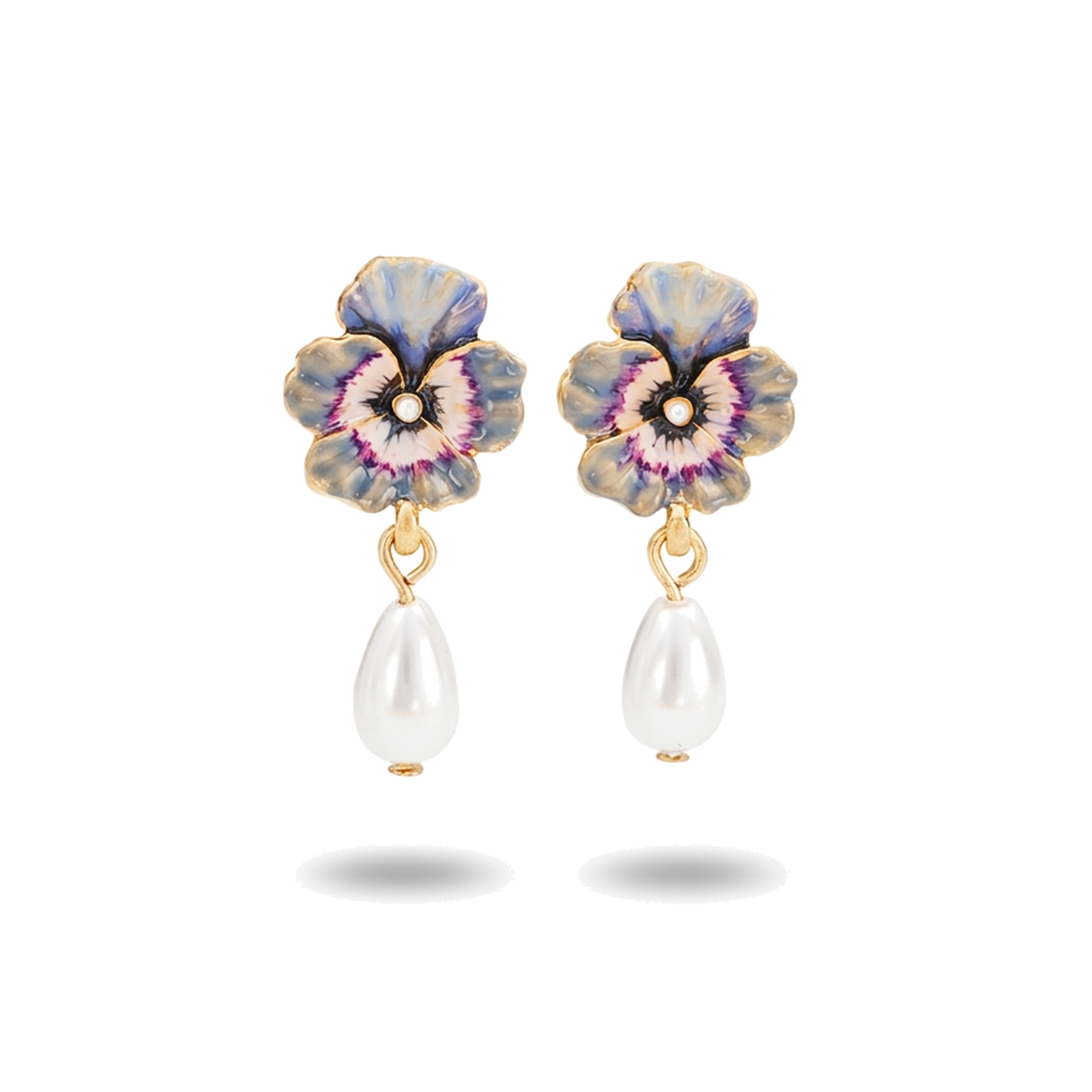 Pansy Pearl Drop Earrings on a pure white background