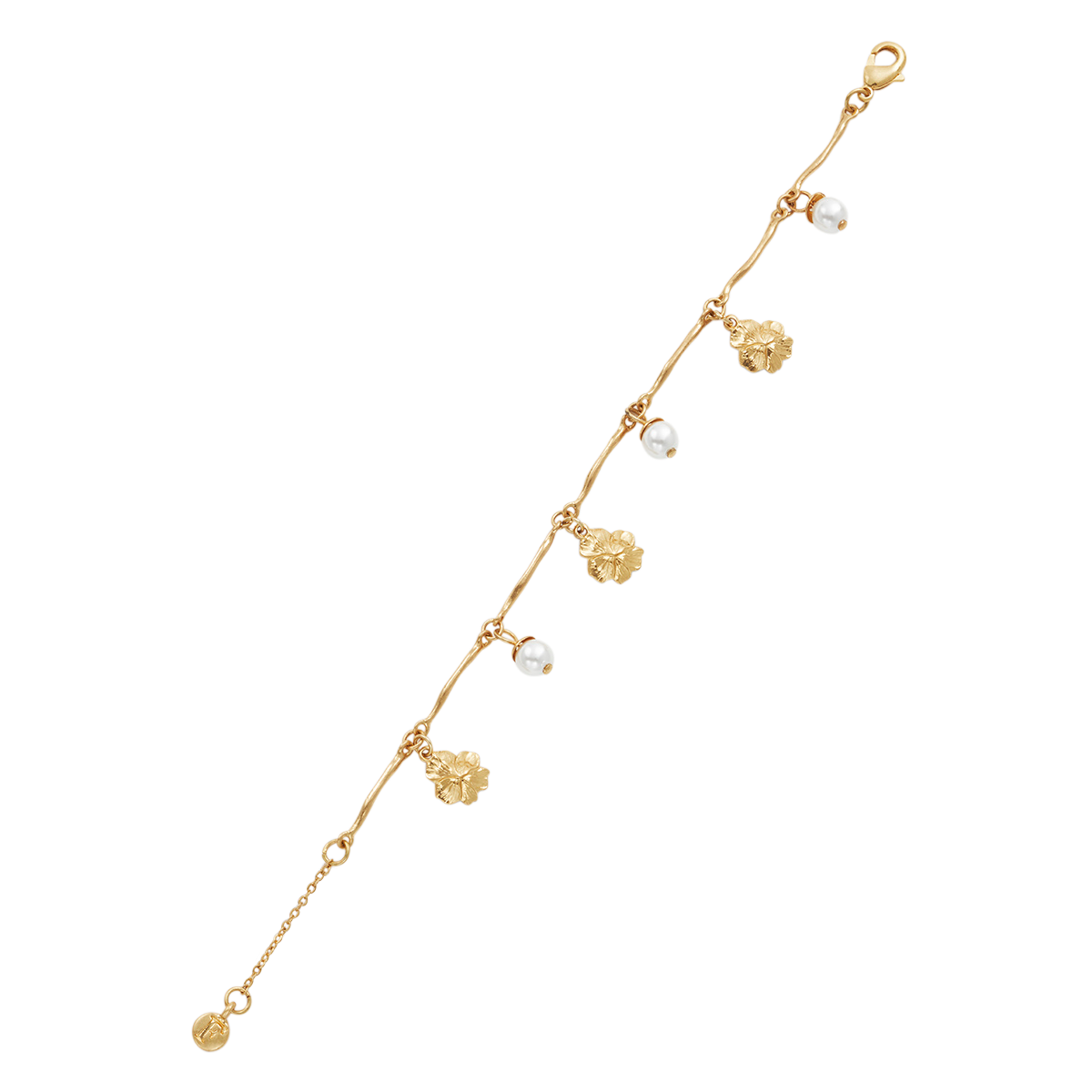 Pansy Pearl Gold Charm Bracelet shown at an angle on white