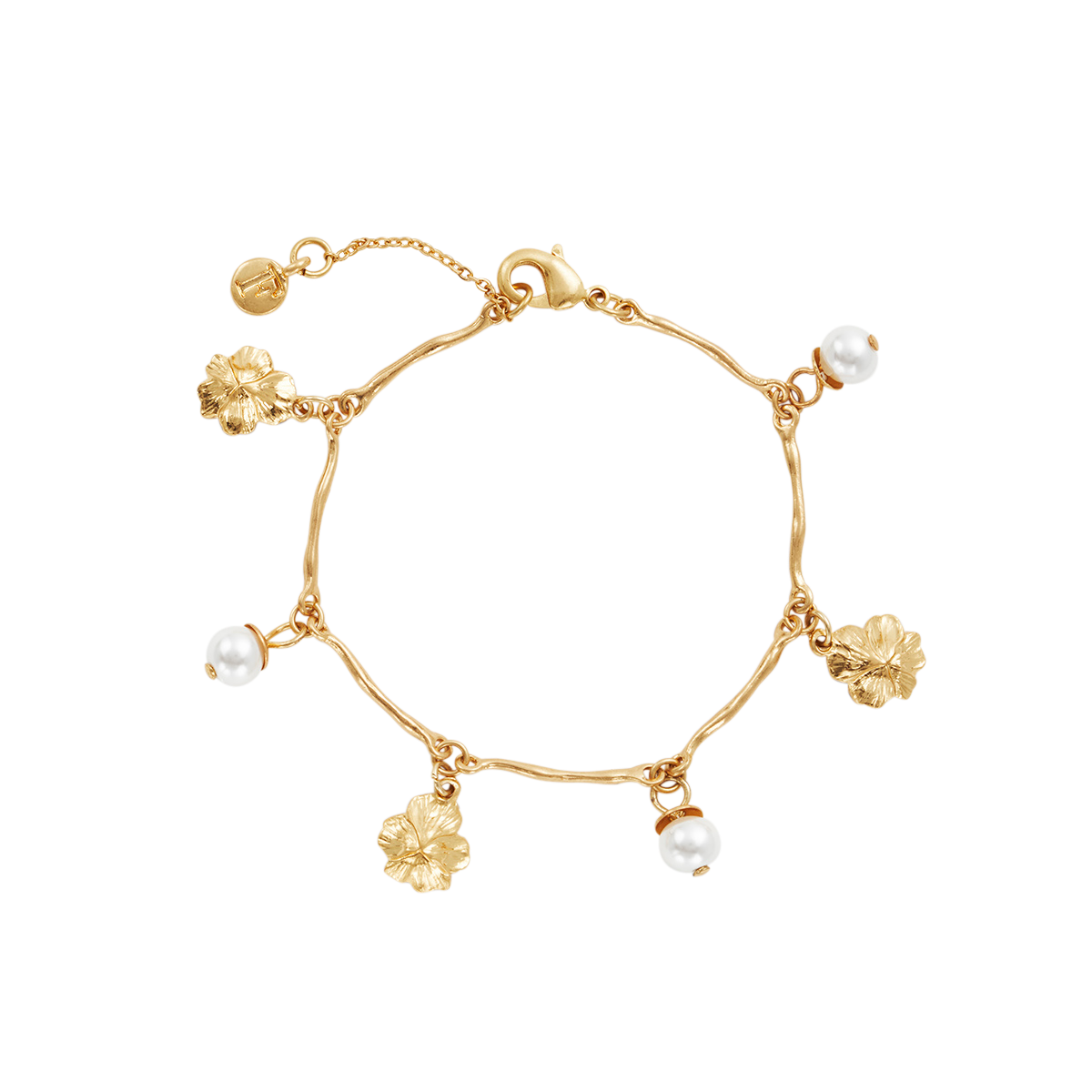 Close-up detail of the Pansy Pearl Gold Charm Bracelet on white