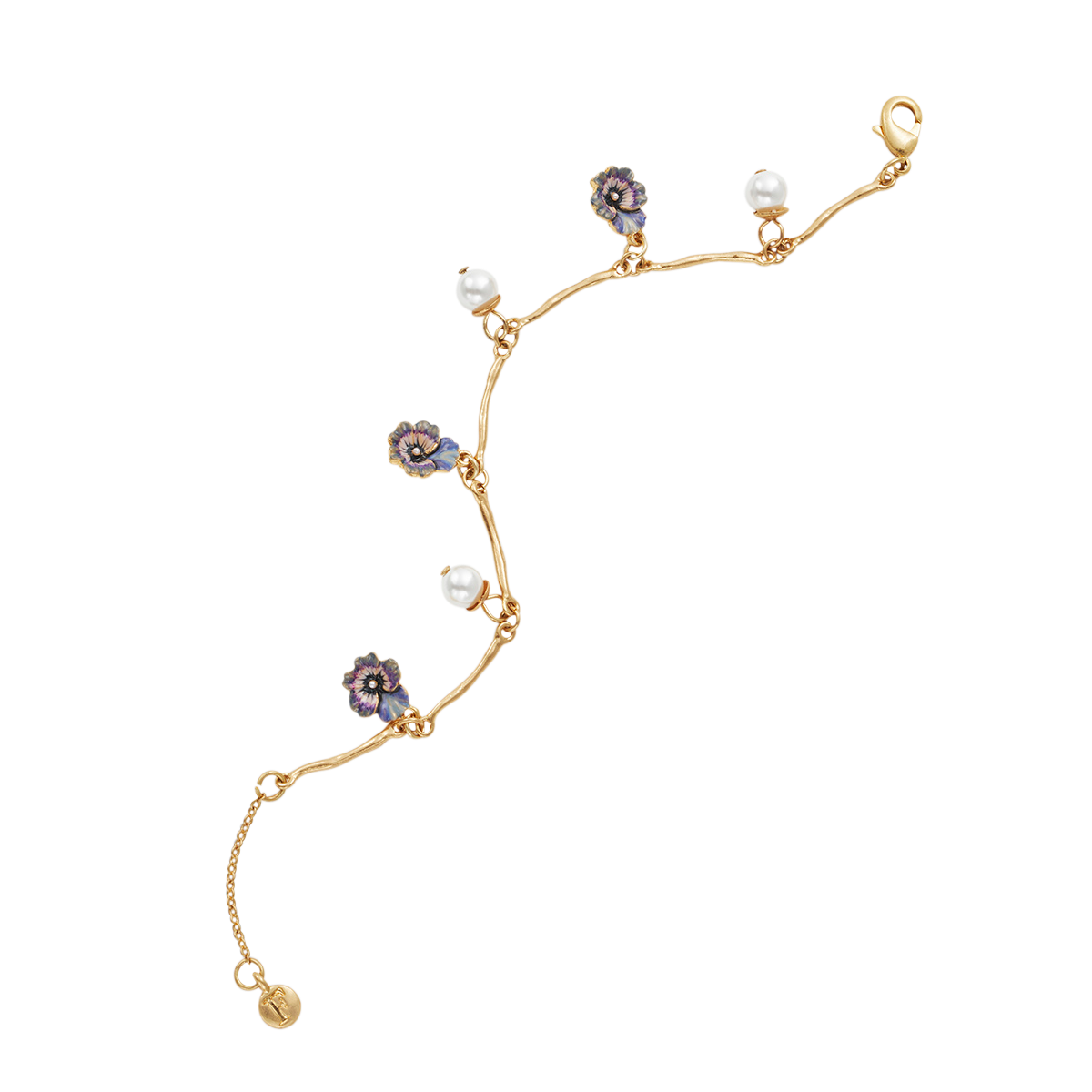 Pansy Pearl Gold Charm Bracelet draped to show the chain on white