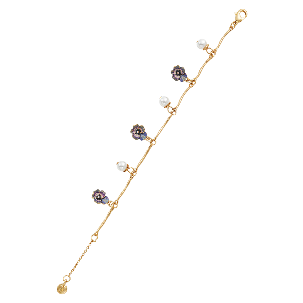 Pansy Pearl Gold Charm Bracelet laid flat on a white background