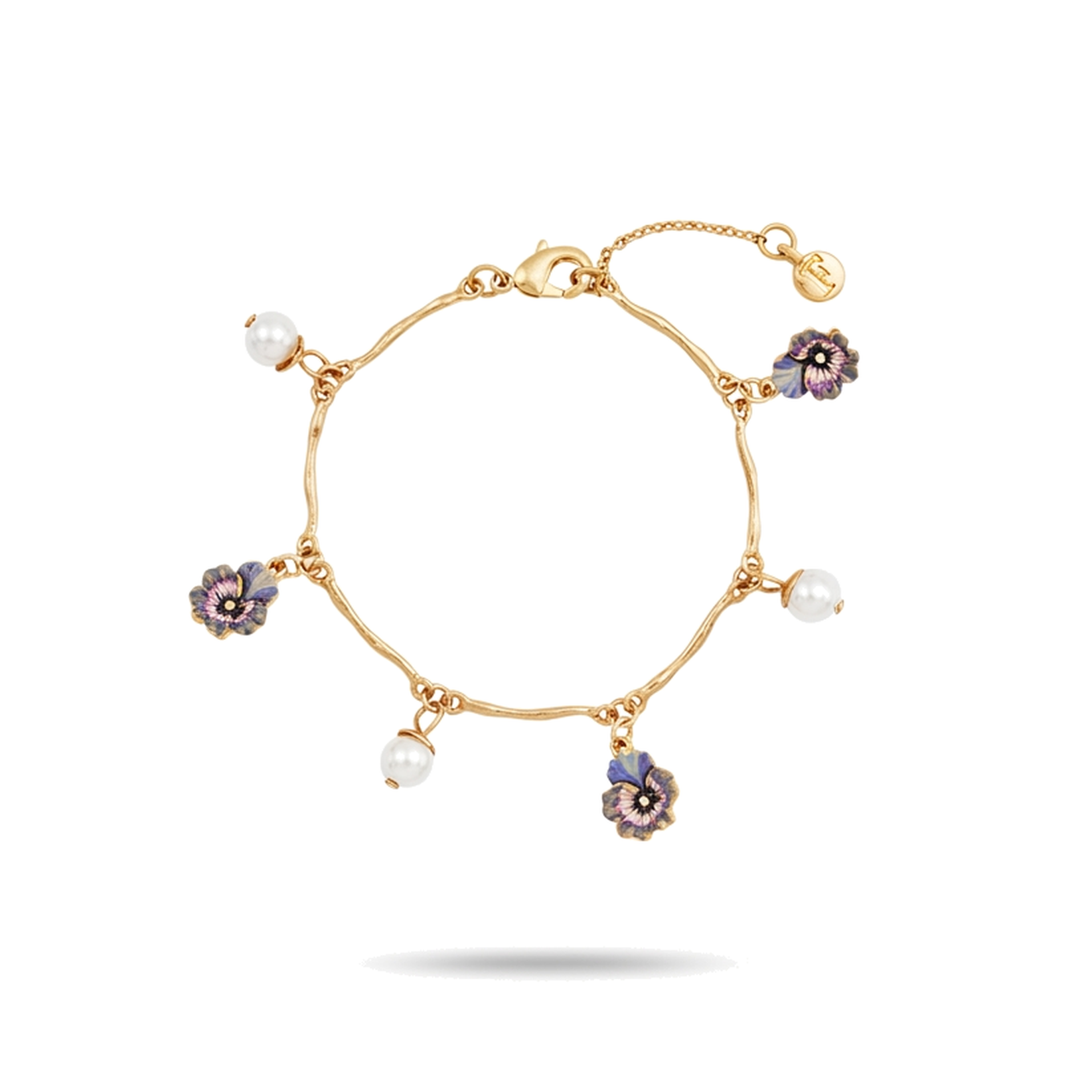 Pansy Pearl Gold Charm Bracelet on a pure white background