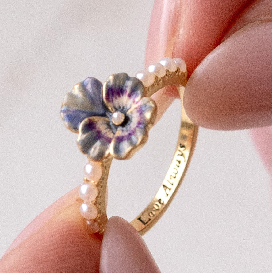 Close-up detail of the Pansy Pearl Ring on white