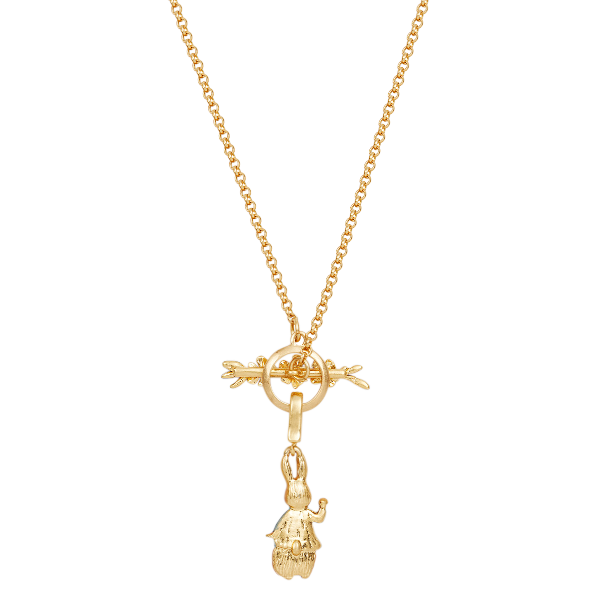 Close-up detail of the Peter Rabbit Forget-Me-Not Toggle Necklace on white