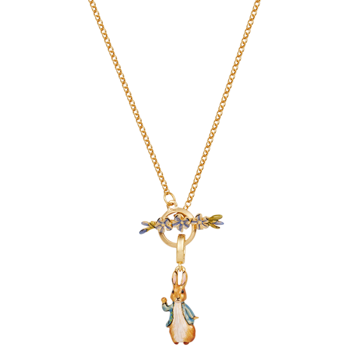 Peter Rabbit Forget-Me-Not Toggle Necklace draped to show the chain on white