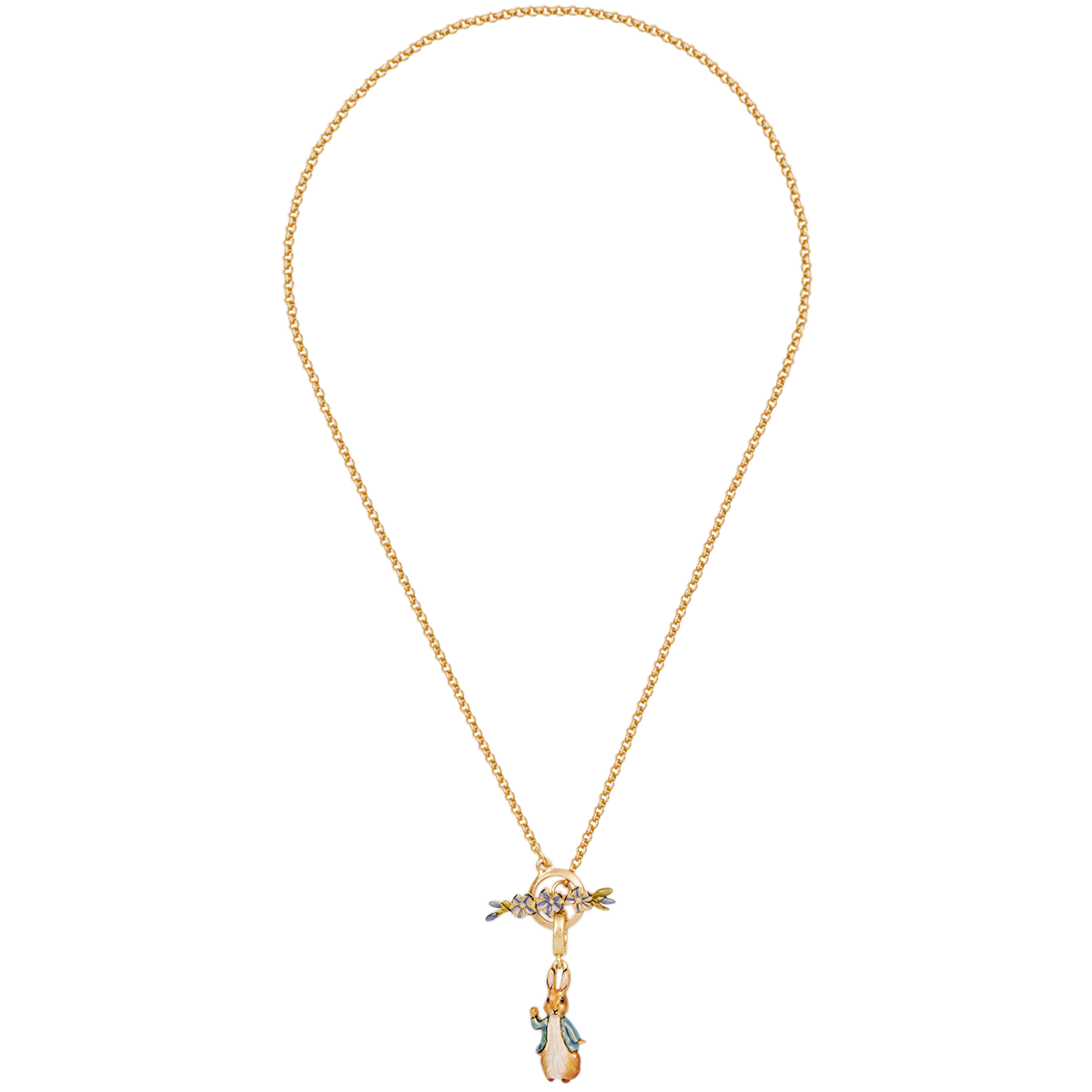 Full length view of the Peter Rabbit Forget-Me-Not Toggle Necklace on white