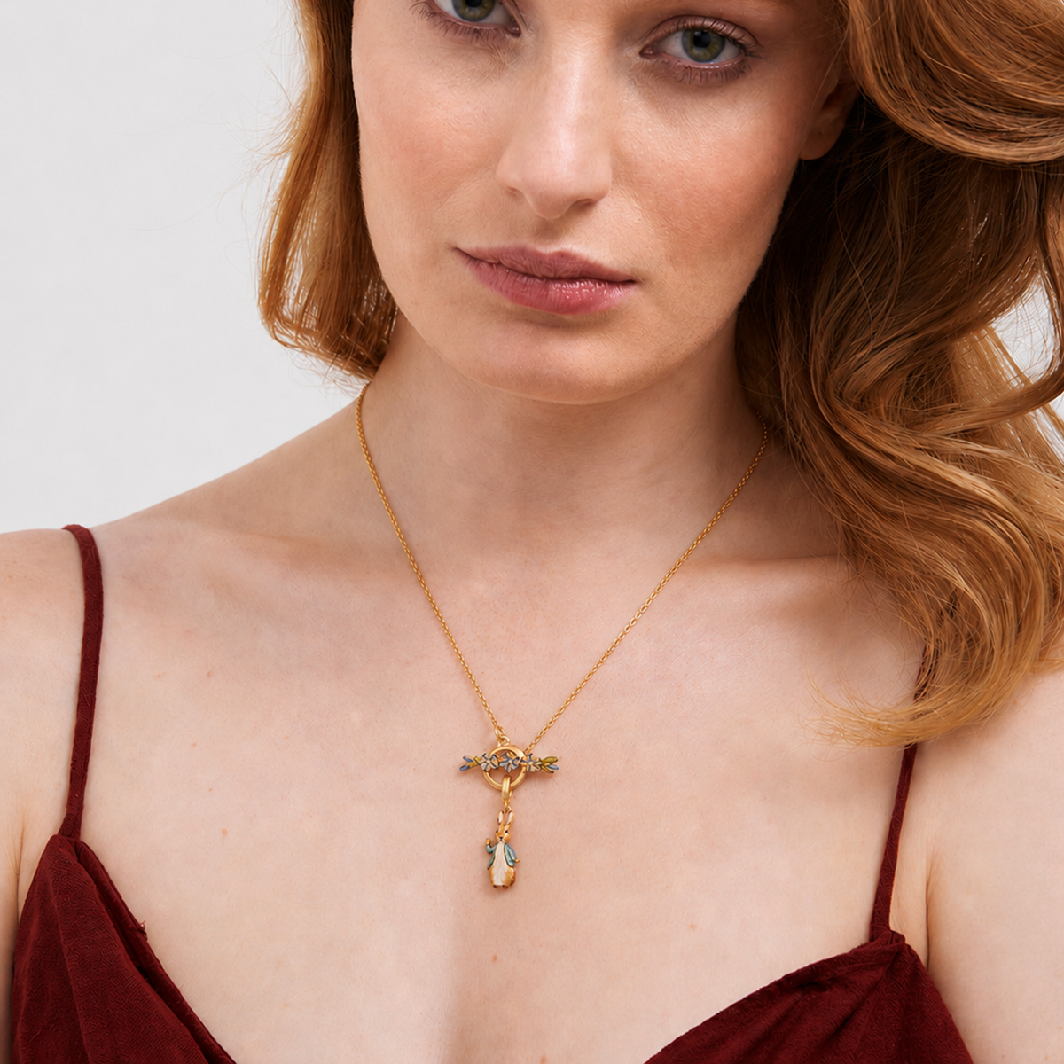 Model wearing the Peter Rabbit Forget-Me-Not Toggle Necklace