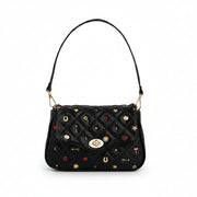 Black Quilted Motif Embroidered Crossbody front view showing colourful floral embroidery on quilted faux leather