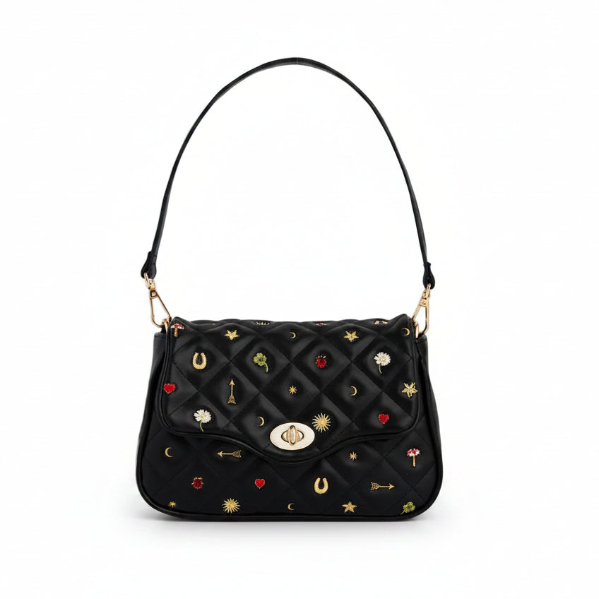 Black Quilted Motif Embroidered Crossbody front view showing colourful floral embroidery on quilted faux leather