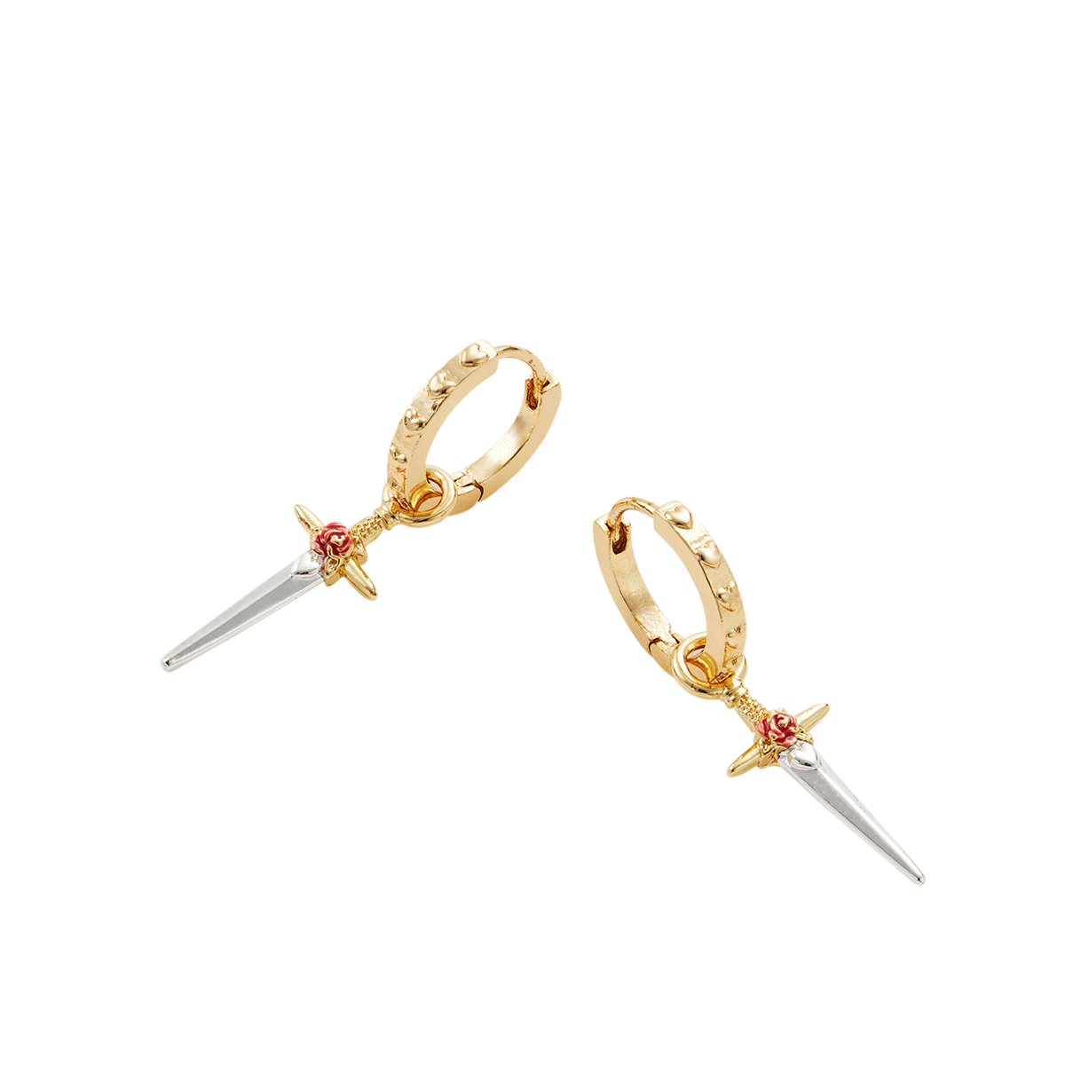 Close-up detail of the Rose Dagger Huggie Earrings on white