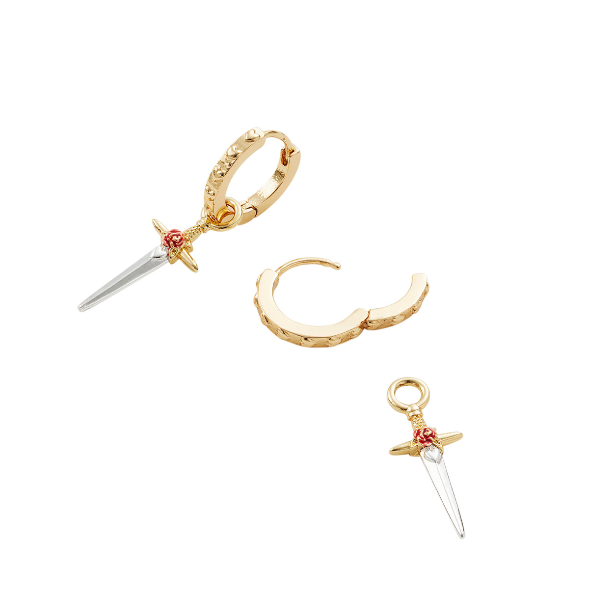 Close detail of the Rose Dagger Huggie Earrings charm on white