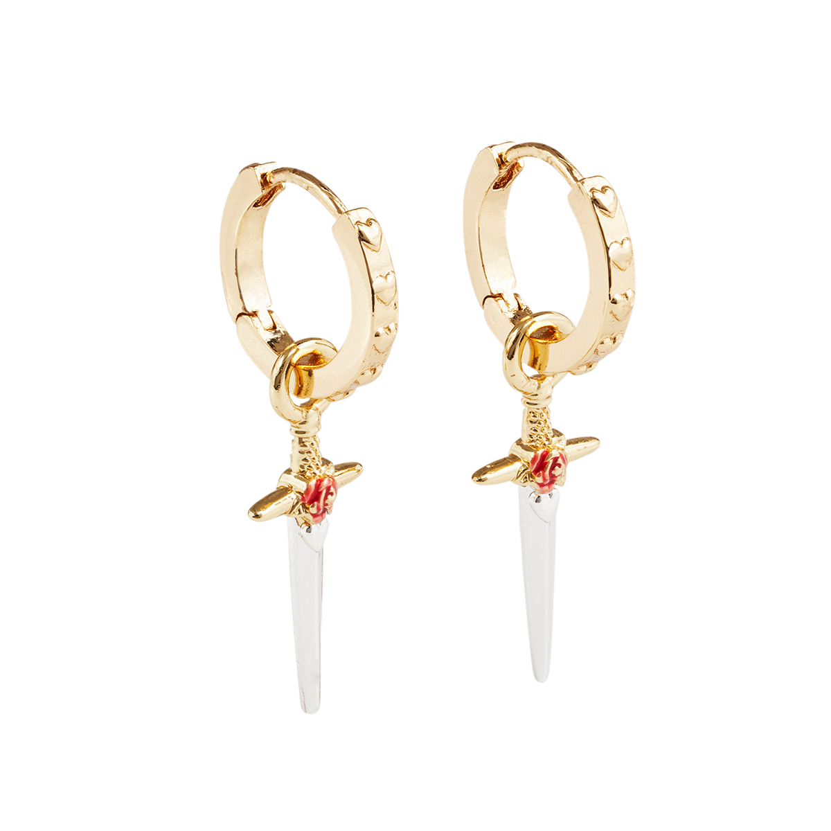 Rose Dagger Huggie Earrings shown together on a white background