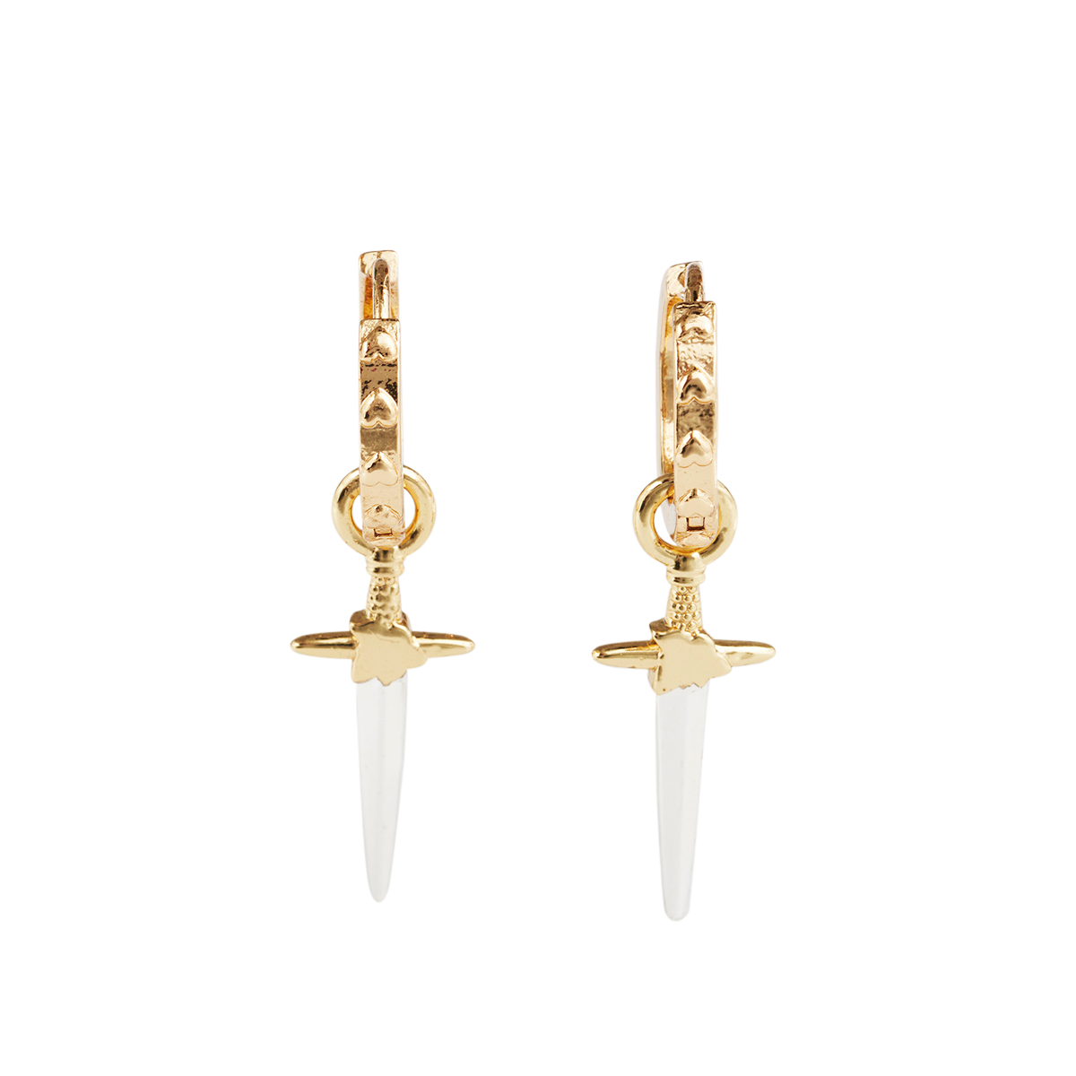 Rose Dagger Huggie Earrings pair displayed on a white background