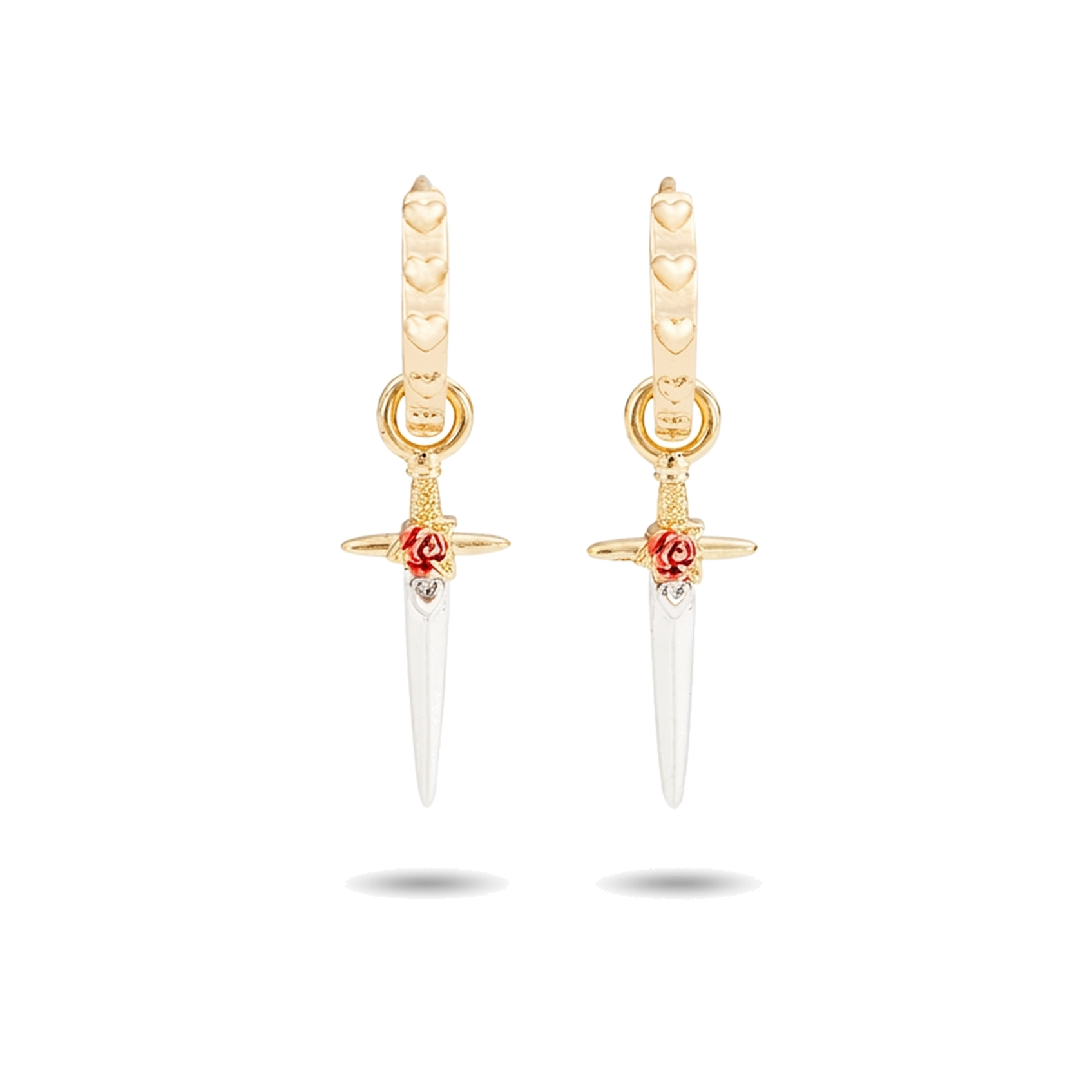Rose Dagger Huggie Earrings on a pure white background