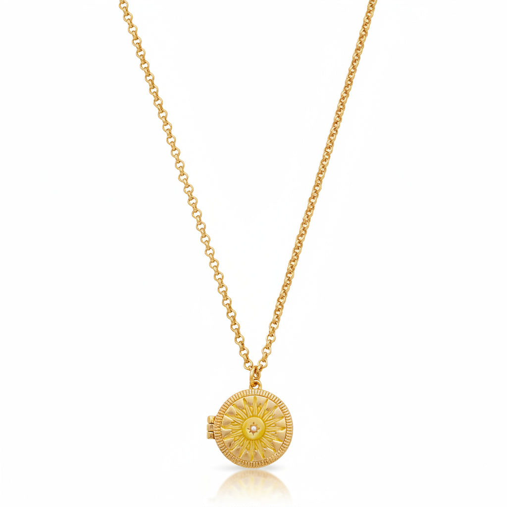 Sun locket necklace full length on white background showing chain