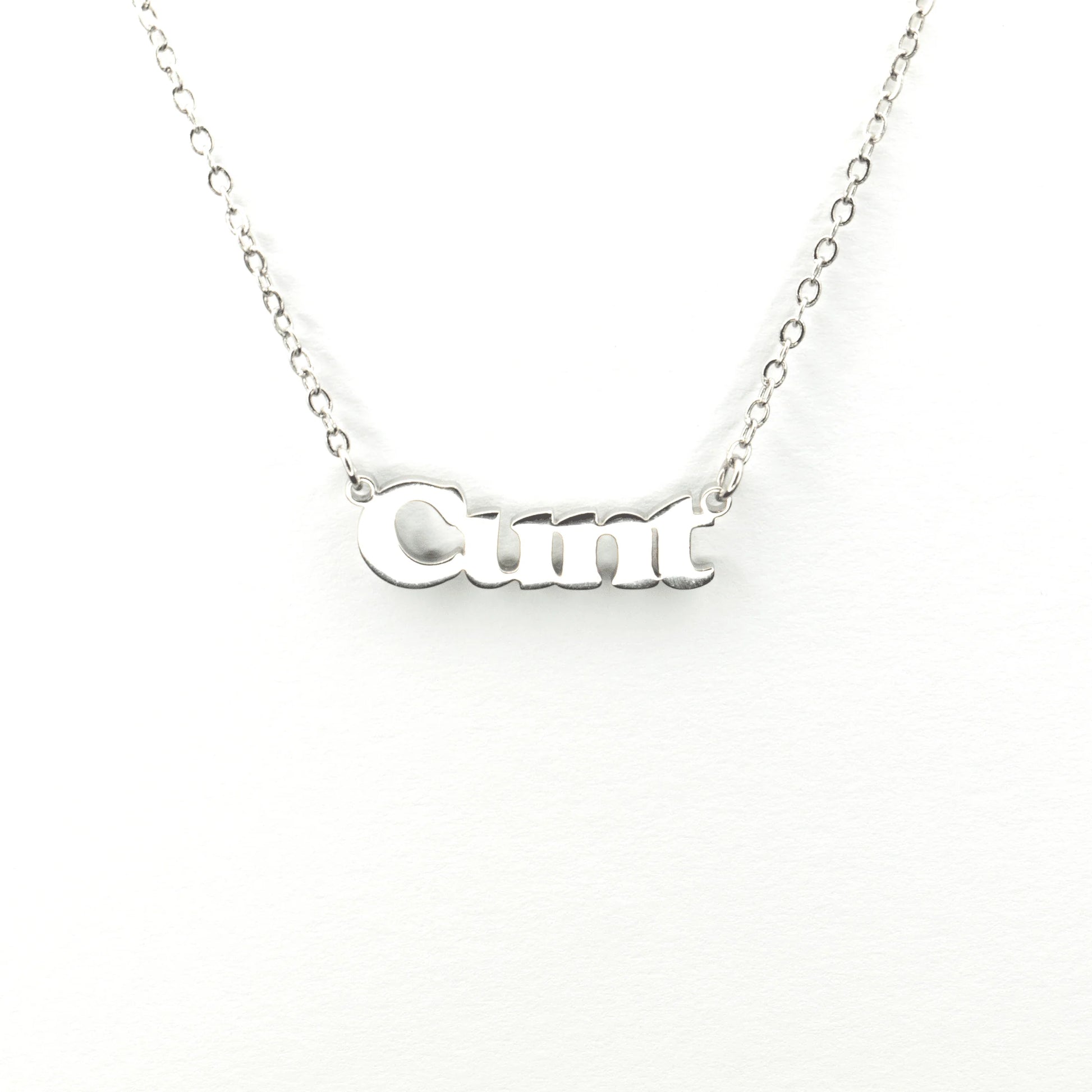 Fantastico silver pendant necklace with bold engraved lettering on a fine chain