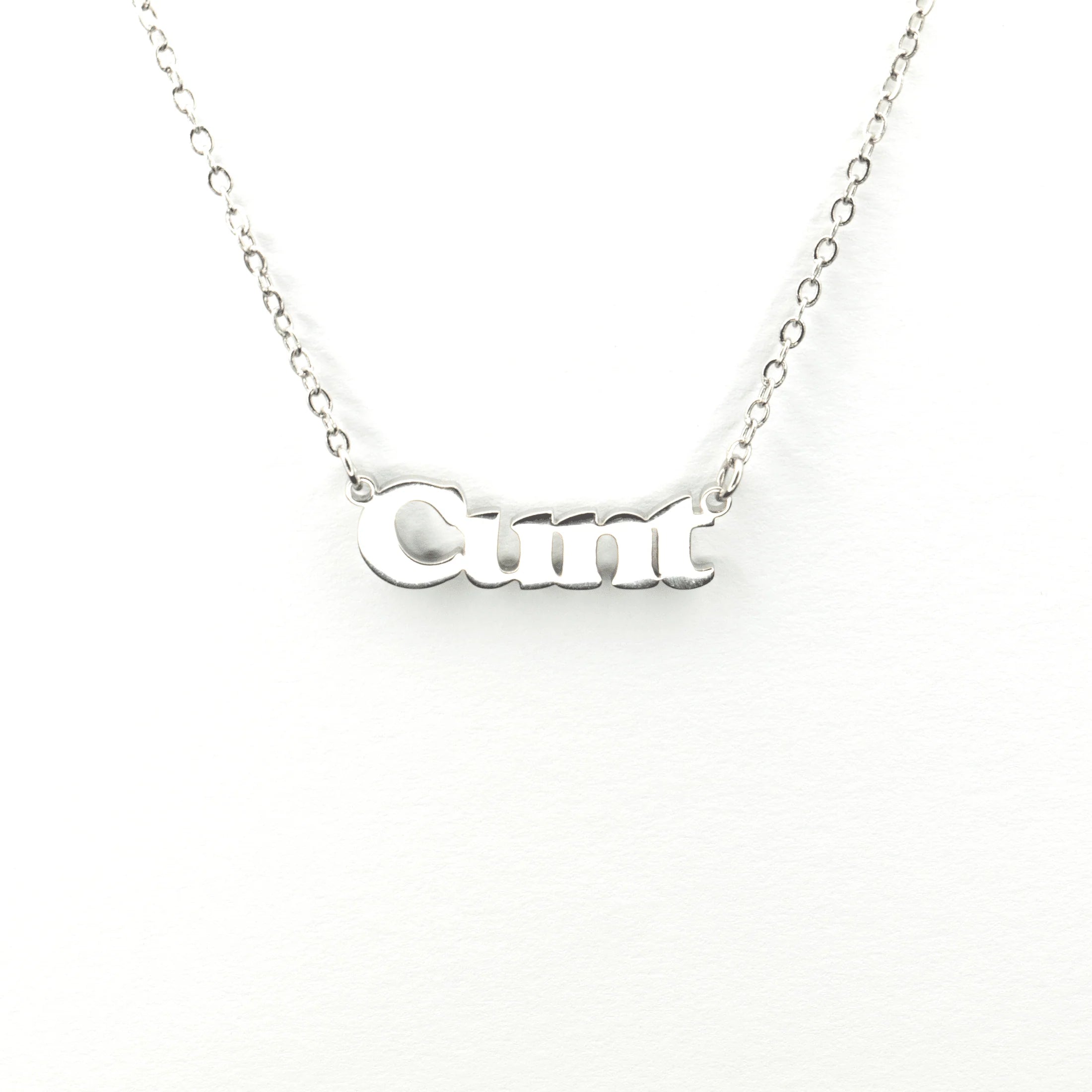 Fantastico silver pendant necklace with bold engraved lettering on a fine chain