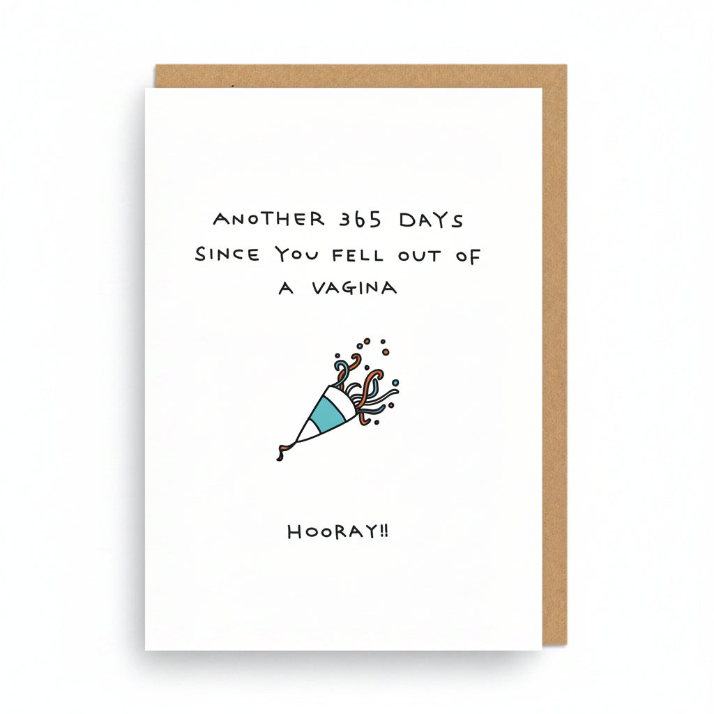 White birthday card with hand-drawn lettering and a small party popper