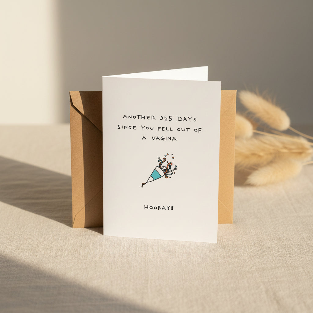 Card with humorous text and illustration of a firework, on a white background with a brown border.