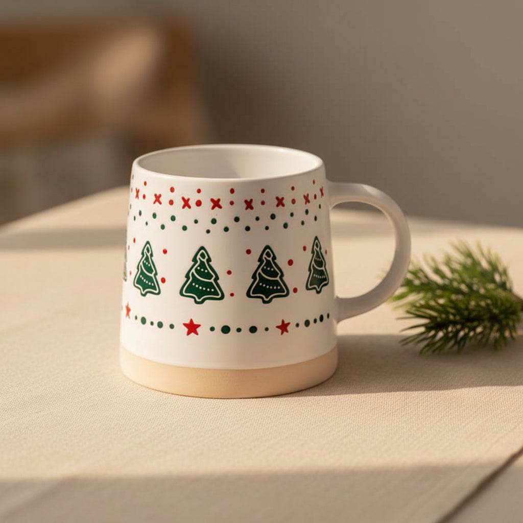 Festive ceramic mug with red and green Christmas tree pattern and curved handle, shown from an angle.