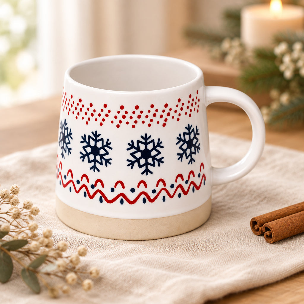 Festive ceramic mug featuring navy snowflakes and red dotted accents.