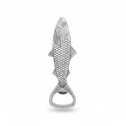 Silver fish-shaped bottle opener close-up side view
