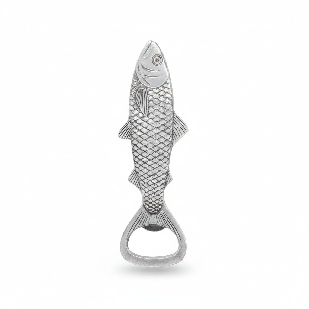 Silver fish-shaped bottle opener close-up side view
