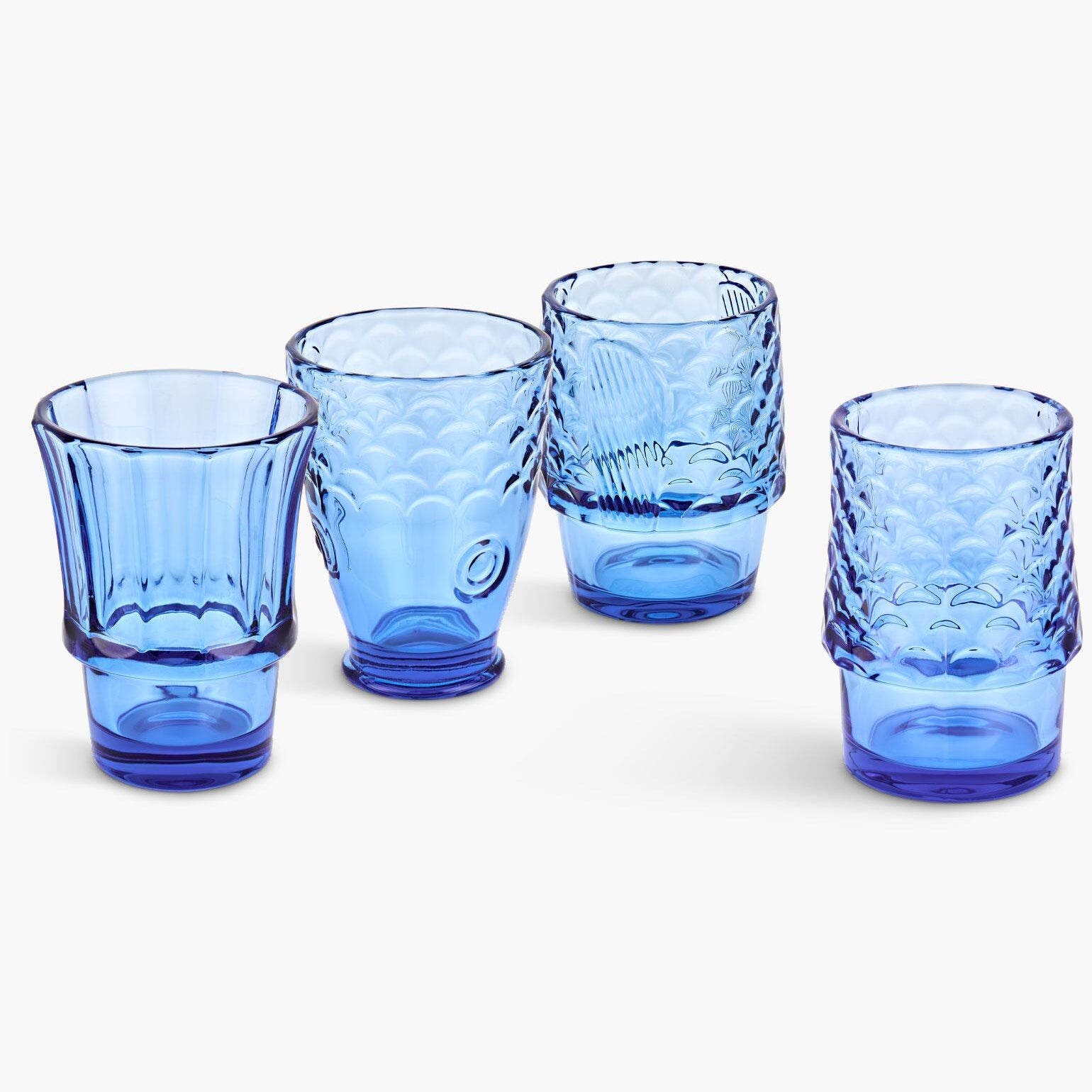 Blue fish stacking glasses, close-up detail