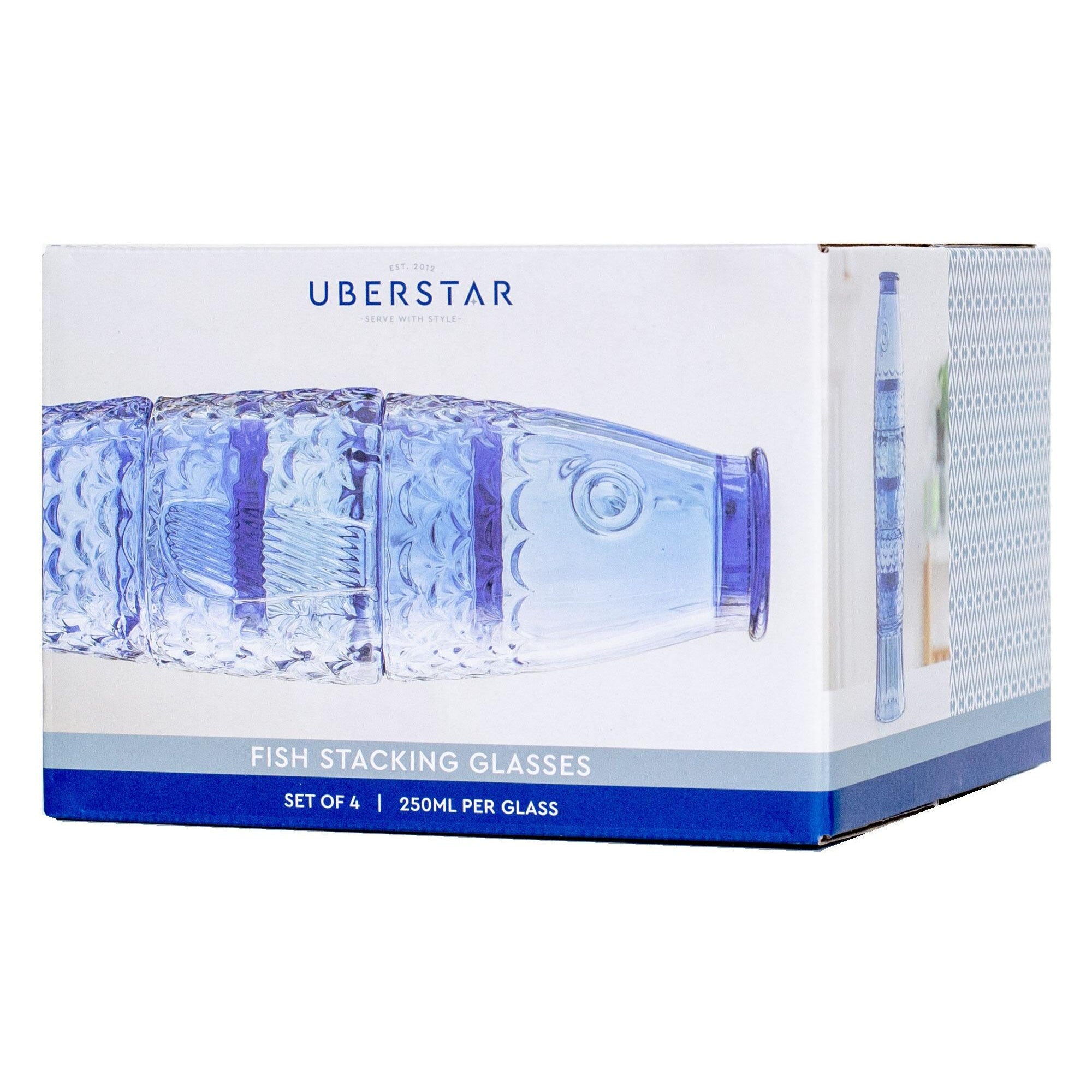 Blue fish stacking glasses, lifestyle image