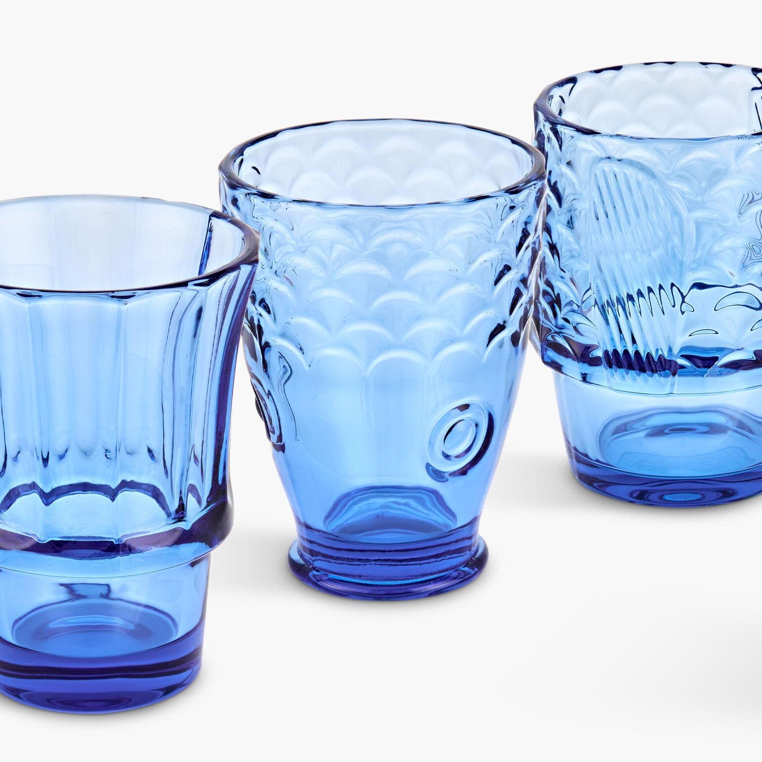 Blue fish stacking glasses, side view