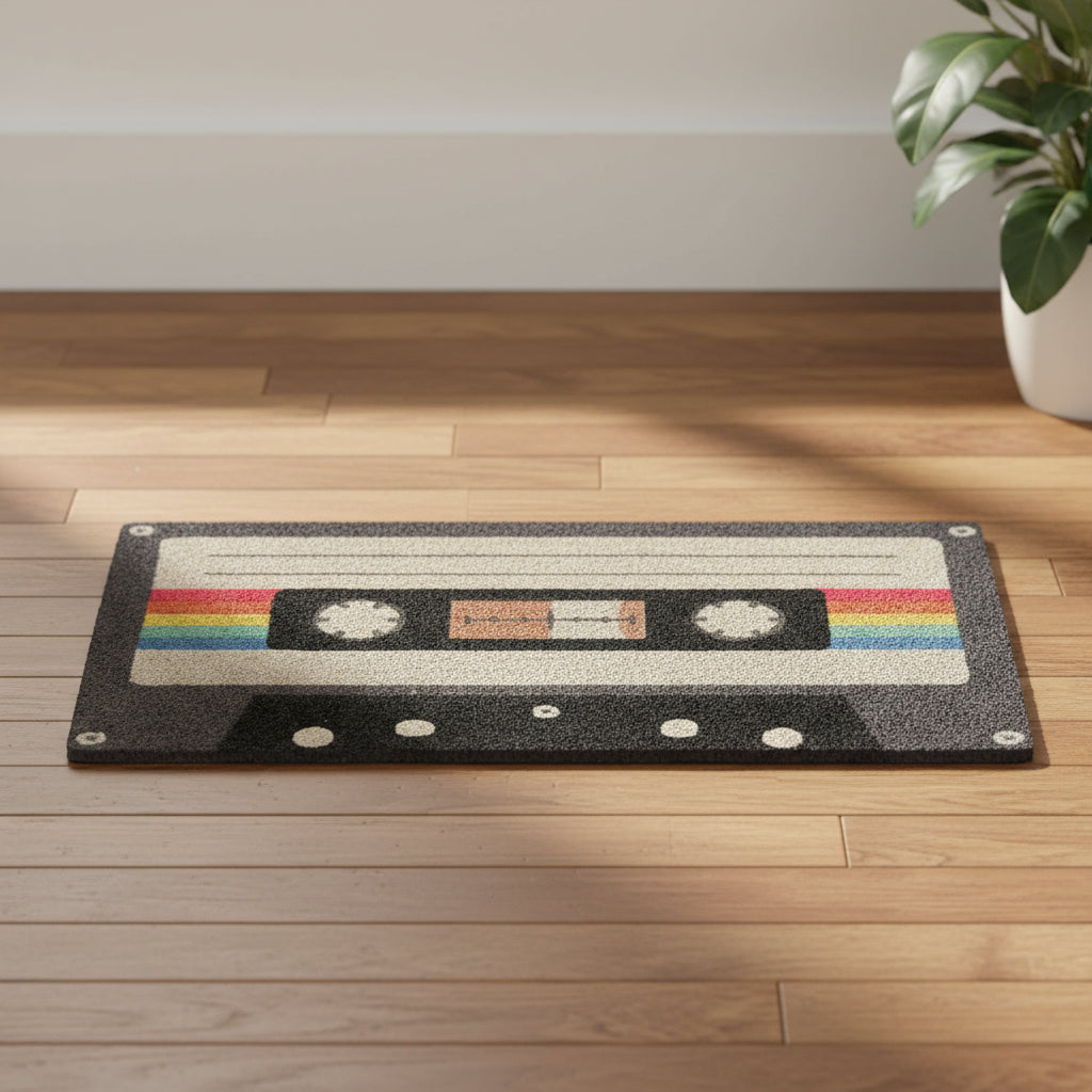 Cassette tape doormat in black with white spools and coloured stripe